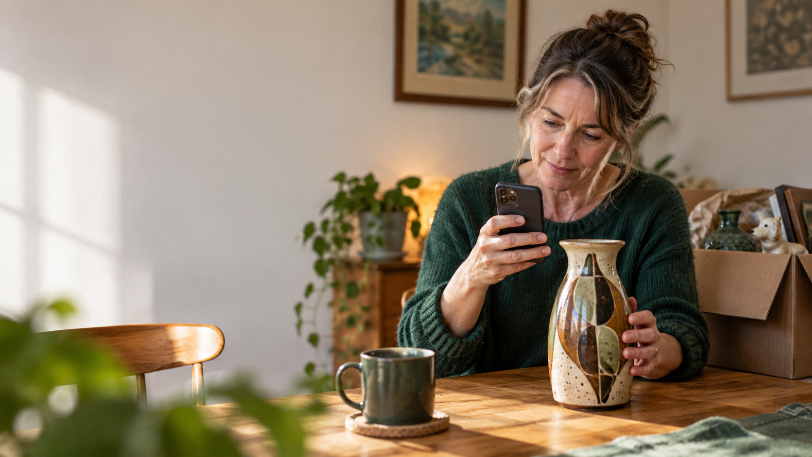 A woman photographing a vintage ceramic vase at home